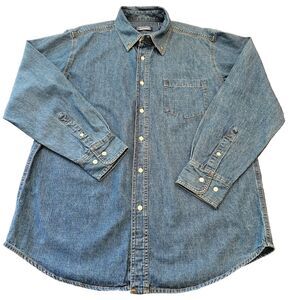 Men's Size L Denim Casual Button-Down Shirt Plain Long Sleeve Medium Wash Vintg